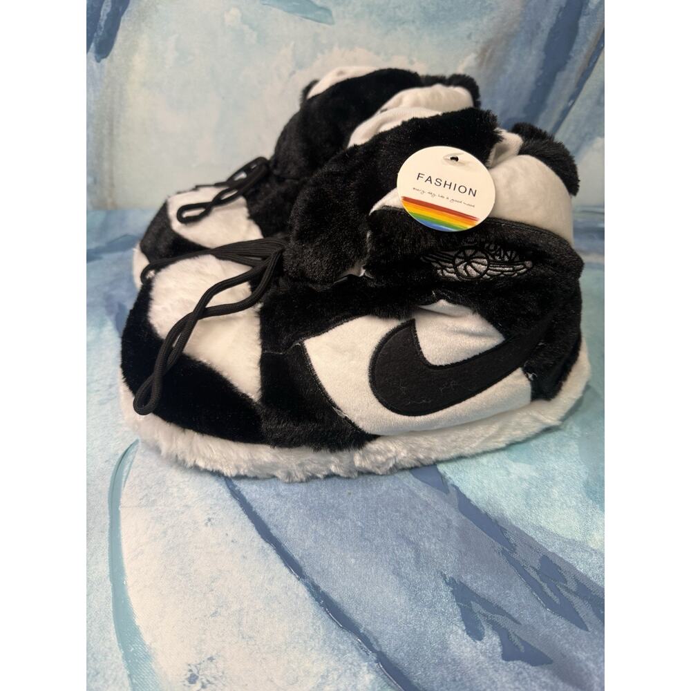 Black and White Fluffy Fuzzy Slippers Style Sneaker Unisex Fits Most